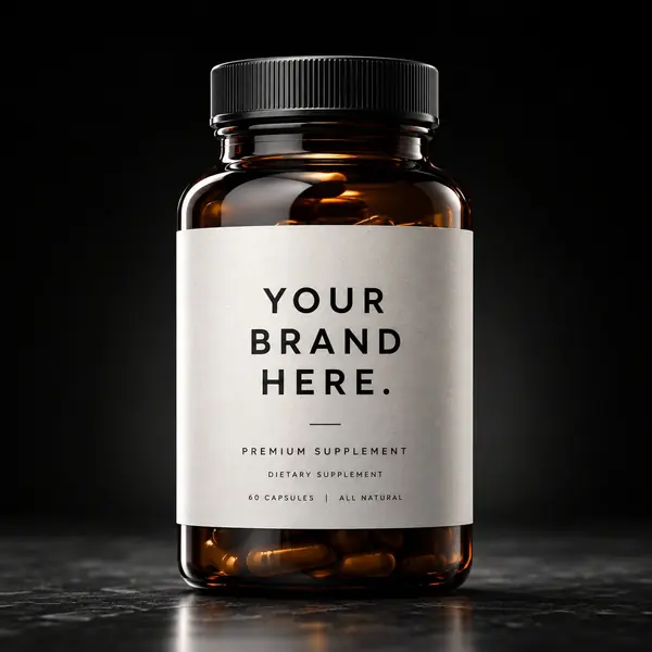Private label supplement bottle mockup — your brand on an amber bottle of oyster capsules