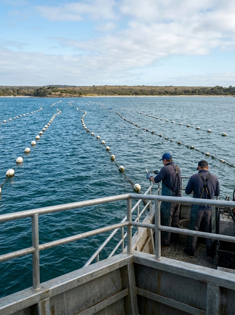 Oyster farm longlines on Jervis Bay, NSW — workers tending lines from barge deck
