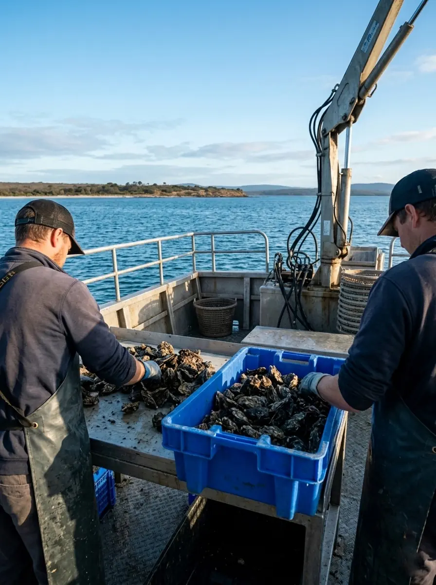 Freshly harvested oysters hand-graded on deck, Jervis Bay
