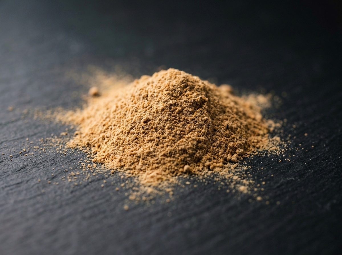 Fine oyster meat powder on dark slate surface — warm amber tones, shallow depth of field